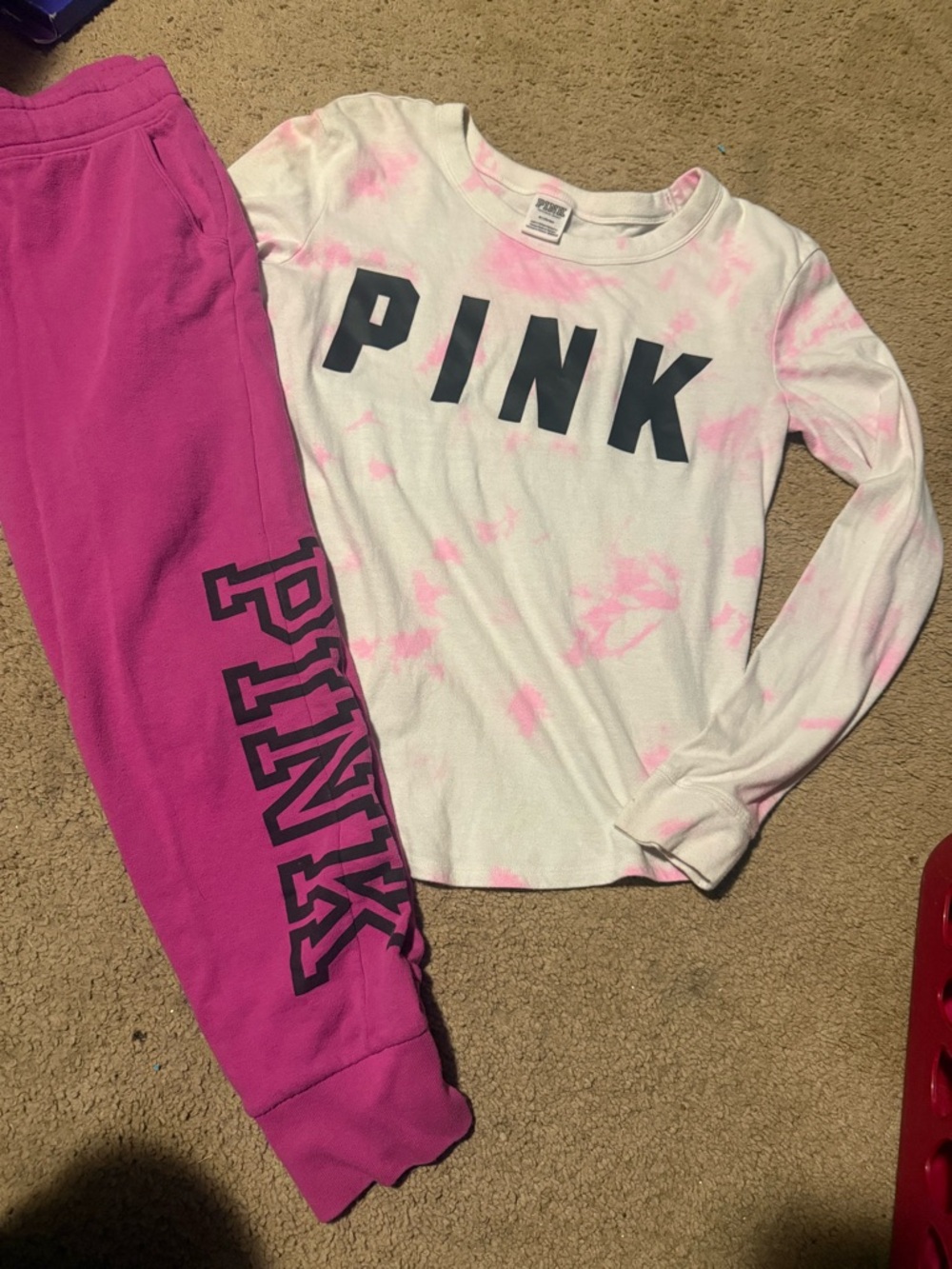 PINK Tie-Dye Logo Long Sleeve Top & Joggers Set - White & Hot Pink